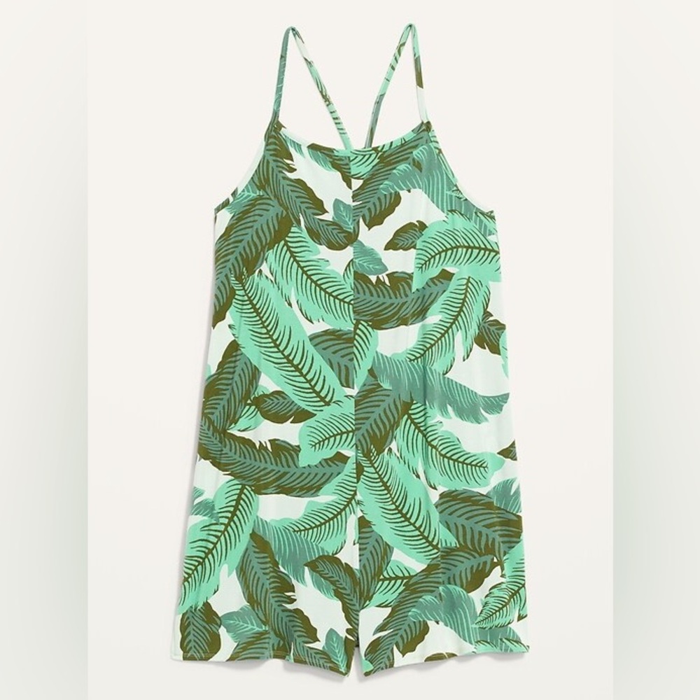NWT Old Navy Sunday Sleep Romper lounge pajamas, green palm leaf, M - Picture 3 of 13
